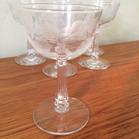 Vintage Etched Floral Cordial Glasses Set of 6 Column Stem