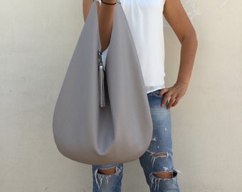 Leather hobo bag, Grey leather bag, Oversized hobo bag, Hobo bag