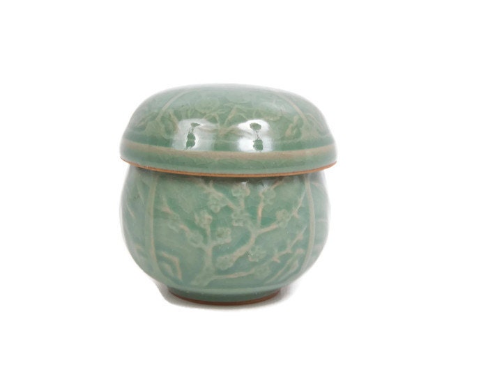 Vintage Korean Celadon Stoneware Tea Infuser Cup Bamboo Design