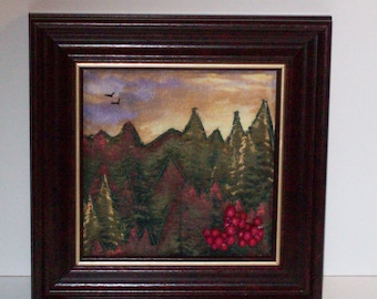 Framed Landscape Quilt / framed mountain quilt/ tree quilt/ forest quilt/ mixed media art/ fiber art/ framed quilt/ quilted art/ fabric art
