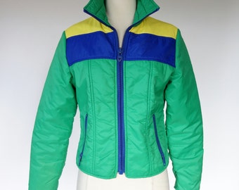 1970s ski jacket, green puffy quilted color block winter coat, blue and yellow puffer jacket, small