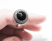 Handmade black onyx ring, hammered sterling silver, 14mm gemstone ring, crown bezel