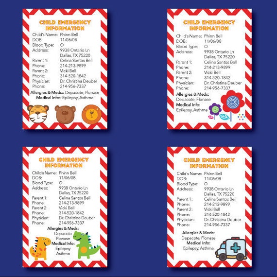 Set of 4 Kid's Emergency Information Stickers by kandpcrafthouse