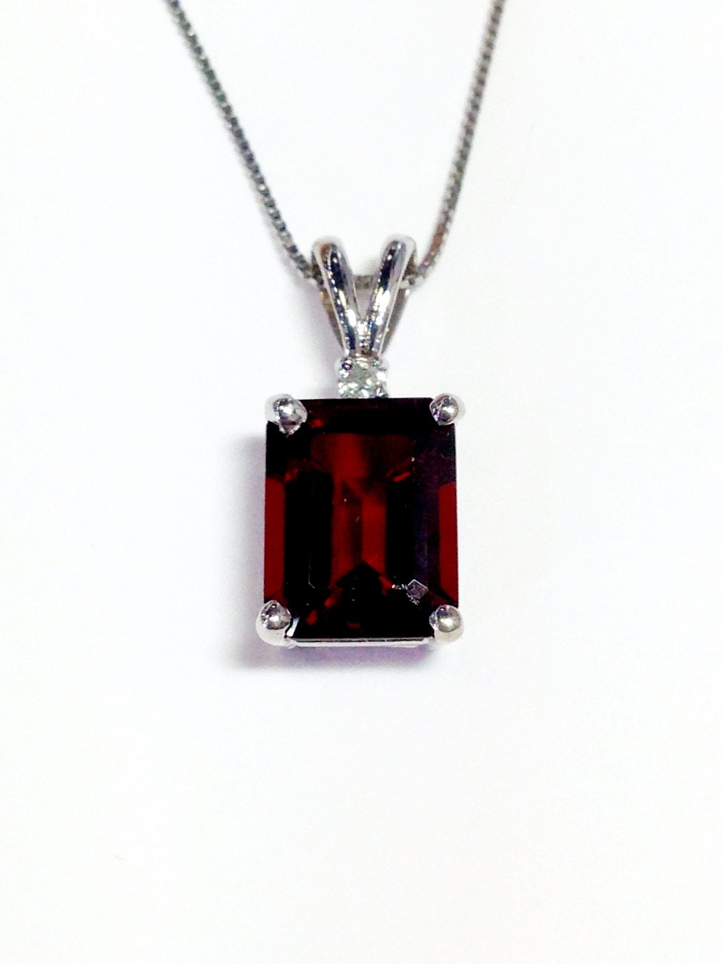 Garnet Gemstone Emerald Cut White Gold Diamond Necklace