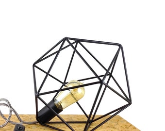 Polyhedron Geometric Diamond Table Lamp Industrial Cage Black Metal Lighting Icosahedron Minimal Home Decor Edison