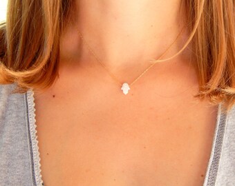 Tiny White Opal Hamsa Necklace, Opal Hamsa Hand, Dainty Gold Necklace, dainty hamsa necklace, everyday minimalist necklace, gift, 028