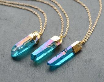 Turquoise or Bright Pink Angel Aura Crystal Necklace -Gold Dipped Rainbow Bullet Pastel Boho-Kida Quartz Jewellery -Healing Stone Jewelry