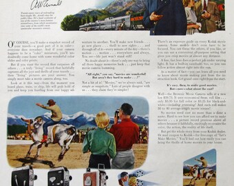 1953 Kodak Movie Camera Ad - Cine-Kodak Royal Magazine Camera - 1950s Streamliner Train Conductor - Rodeo - Vintage Photography Ads