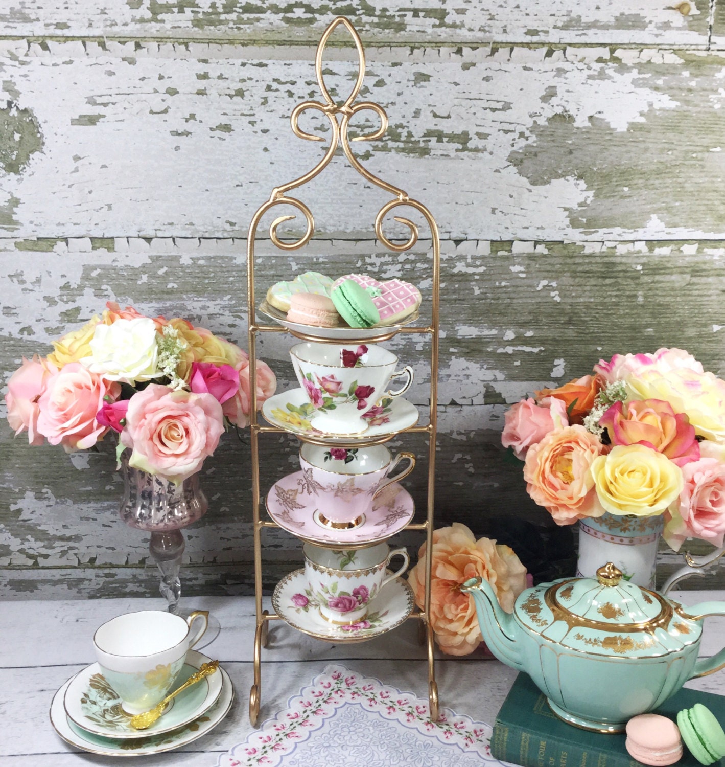 Gold 4 Tier Coated Metal Vintage Tea Cup and Saucer Display Stand