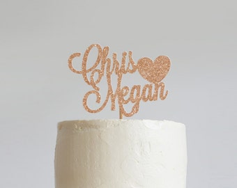Personalized Heart Glitter Wedding Cake Topper, Custom Wedding Cake Topper, Mr and Mrs Cake Topper, Engagement Cake Topper