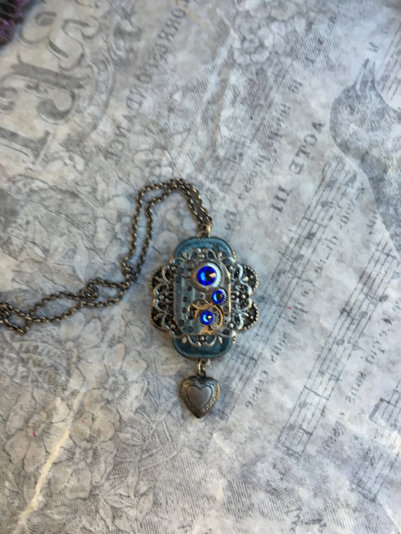 Steampunk Blue Watchmaker Box Necklace, Steampunk Jewelry, Women's Gift, Handmade Necklace, Watch Necklace, Boho Necklace, Original by RetroHippieUnlimited steampunk buy now online