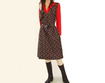 70s Sweater Dress 1970s Vintage Dress Vintage Knit Dress Floral Black Dress 70s Red Black Dress Vintage Mod Dress Heart Print Dress m