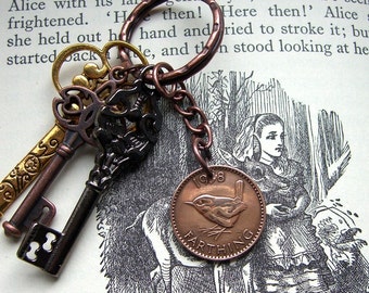 Farthing necklace, Farthing keychain, English coin, Mens necklace, Girfriend necklace, Wren, British coin, Coin jewellery, Bird keychain