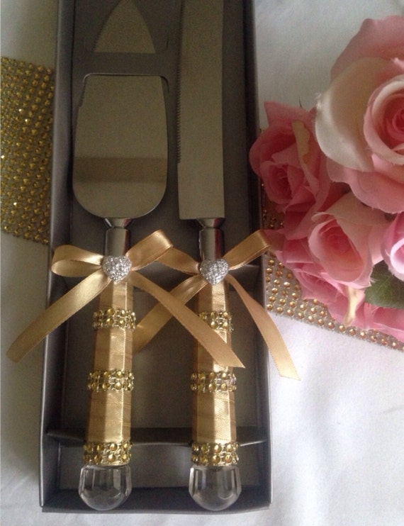 Gold Satin Rhinestone  Wedding  Cake  Serving Set  by Joyeriauk