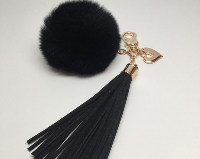 Hot Pink 8cm Rex Rabbit fur pom pom ball keychain or bag pendant with heart charm leather tassel