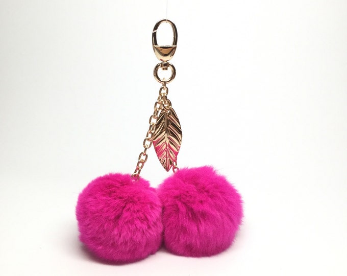 New! Pink CHERRY pom pom keychain rex rabbit fur pompon unique bag charm fur ball keyring
