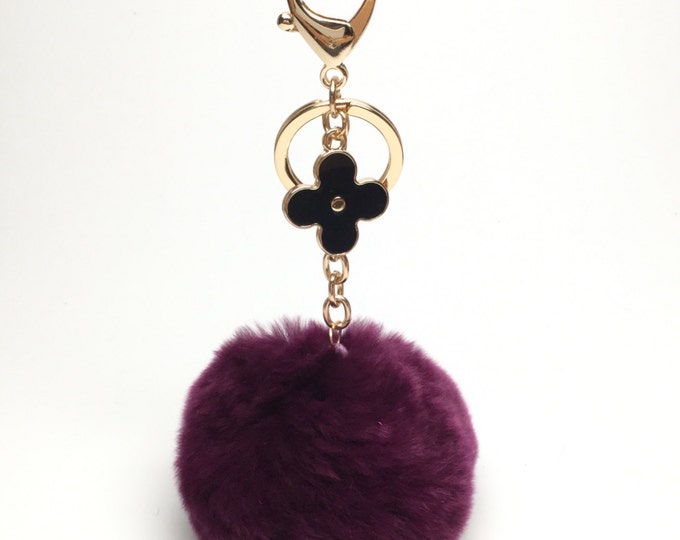 Electric Purple fur pom pom keychain REX Rabbit fur pom pom ball with flower bag charm