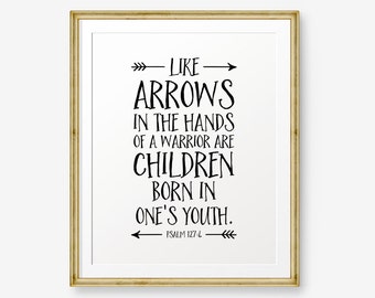 SALE Bible Verse Printable, - Psalm 127:4, Like arrows in the hands of a warrior are children born in one's youth, inspirational quote