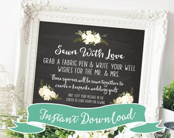 DIY PRINTABLE 8 x 10 Sewn With Love Wedding Quilt Guestbook Sign for Guest Quilt. Keepsake wedding quilt. Unique Wedding Guestbook Ideas.