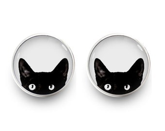 Peeking Cat Earrings Black Cat Stud Jewelry (with jewelry box)