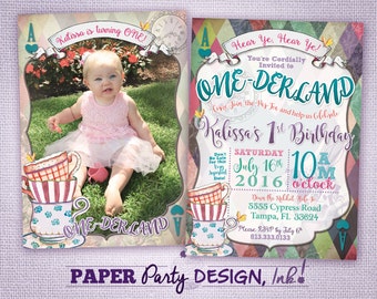 Alice in ONE-derland 1st Birthday Invitation with Photo, Digital One-derland 1st Birthday Party, Vintage Alice 1st Birthday 2 sided Invite