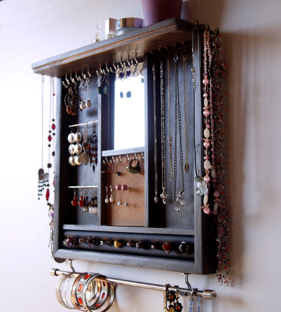 Jewelry holder. earrings display with shelf. gray jewelry