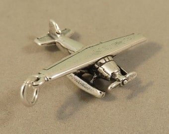 Sterling Silver 3-D FLOATPLANE Charm Pendant Seaplane Float Plane Alaska Seattle Airplane .925 Sterling Silver 925 New vh05