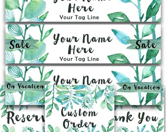 Etsy shop banner set green Foliage new size cover photo modern watercolor forest plants simple graphics