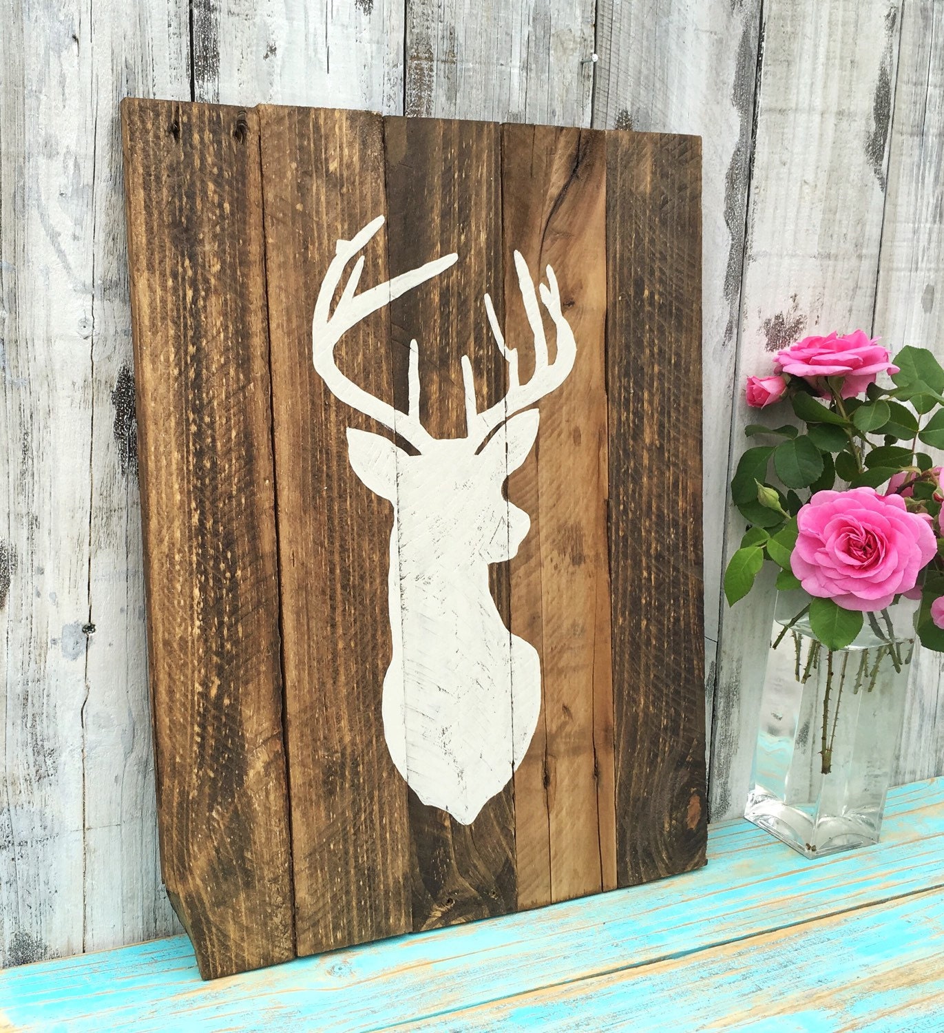 Deer Silhouette Sign Rustic Reclaimed Wood hand painted Made