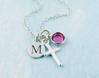 Sterling Silver Cross Necklace, Personalized Cross, Crucifix Necklace, Religion Jewelry, Initial Birthstone, Religious Jewelry, Christianity