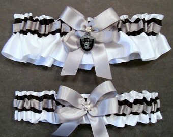 Handmade Gray & Black Wedding Garter Set, with an Oakland Raiders® Enameled Charm Embellishment #FB/38 (May also be purchased individually)