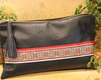Black - Kantha Work Clutch with Embossed Leather Flap 21