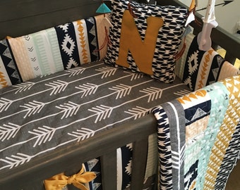 Crib Bedding Set | Nursery Custom Noah Woodland Baby Bedding Aztec Tribal Nursery Navy Gold Bumper Sheet Skirt Pillow Quilt Baby Boy