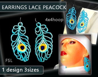 Feather Peacock earrings lace No.191 - FSL - 4X4hoop - Machine embroidery digitization./INSTANT DOWNLOAD