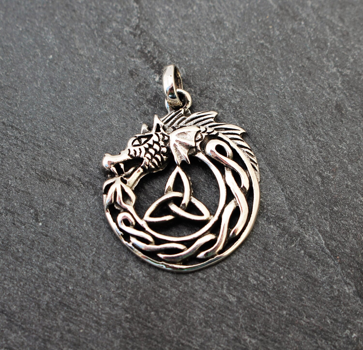 Sterling silver Dragon Pendant with Celtic Knot Triquetra