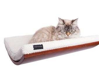 curved cat bed, cat shelf, SOFT WHITE cushion, pet accessories, wood shelf, walnut,wedge, cat bed, modern cat,cat perch, wall shelf