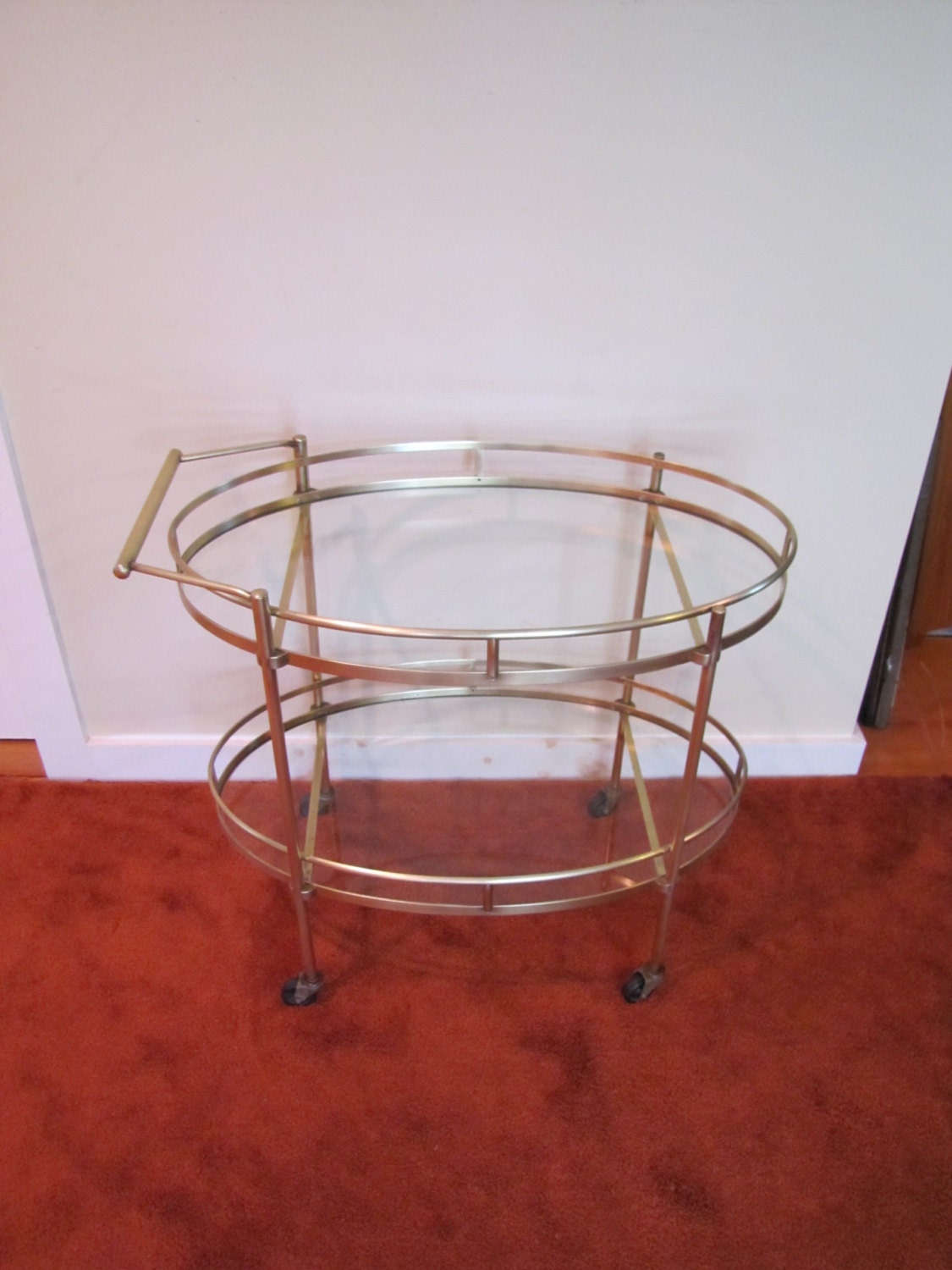 Vintage Brass Bar Cart, Mid Century Brass and Glass Bar Server, Brass
