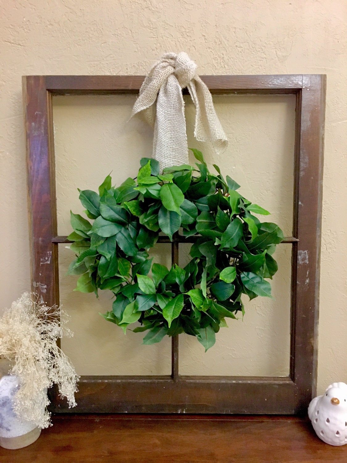 Four Pane Vintage Window Faux Fica Leaf Wreath Vintage Old