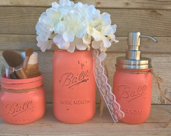 Coral Bathroom Decor,Coral Mason Jar Bathroom Set,Beach Decor,Mason Jar Bathroom,Mason Jar Set, Painted Mason Jar Bathroom Set, Mason Jars