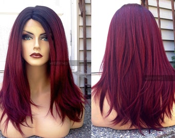 Red Lace Front Wig // Straight Wine Burgundy Yaki + Heat OK // Deep LACE Part OMBRE Wig w/ Dark Roots
