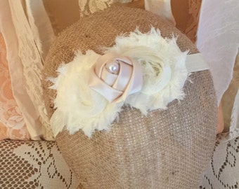 Ivory Chiffon Headband Your Choice Rose with Pearl