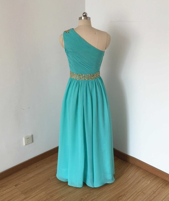 One-Shoulder Beaded Chiffon Long Sleeve Gown Turquoise main image 0