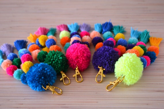 pom pom keychain Pom pom charm keychain keychain pom Neon pink poms bag Pom Tassel pom