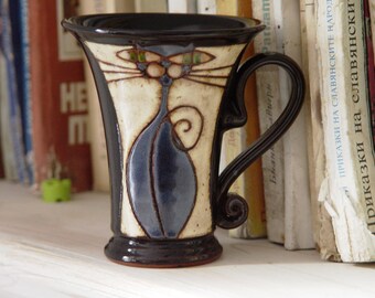 Funny Mug, Handmade Cat Mug, Pottery Mug, Artistic Ceramic Mug, Wheel Thrown Clay Mug, Unique Mug, Handcrafted Mug, Hand Painted Mug