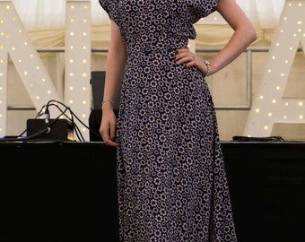 1940s dress, handmade vintage inspired "Ella" dress in a navy daisy print, pleated waist detail. Made to order in size.