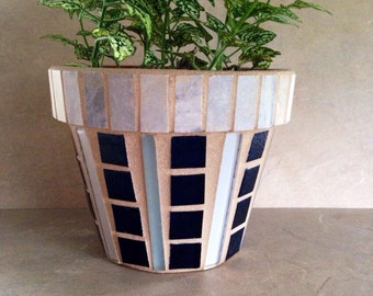 Mosaic planter, flower pot, outdoor patio pot, herb planter, blue glass garden container, terracotta planter, rustic handmade mosaic planter