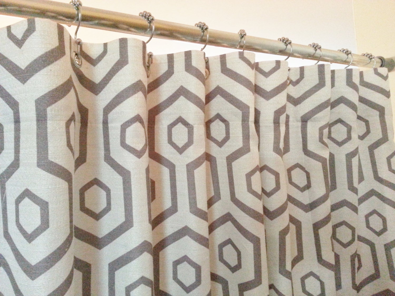 Fabric Shower Curtain with Grommets / Gray or Gold Geometric