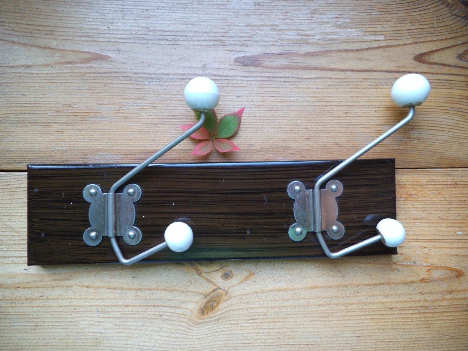Metal Coat Rack Hooks with White Porcelain Knobs Vintage Wall