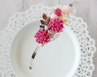 Floral Hair Jewelry - Pink Flower Headband - Bridesmaid Headband - Prom Headband - Bridal Party Gift- Rustic Wedding Headband - Romantic
