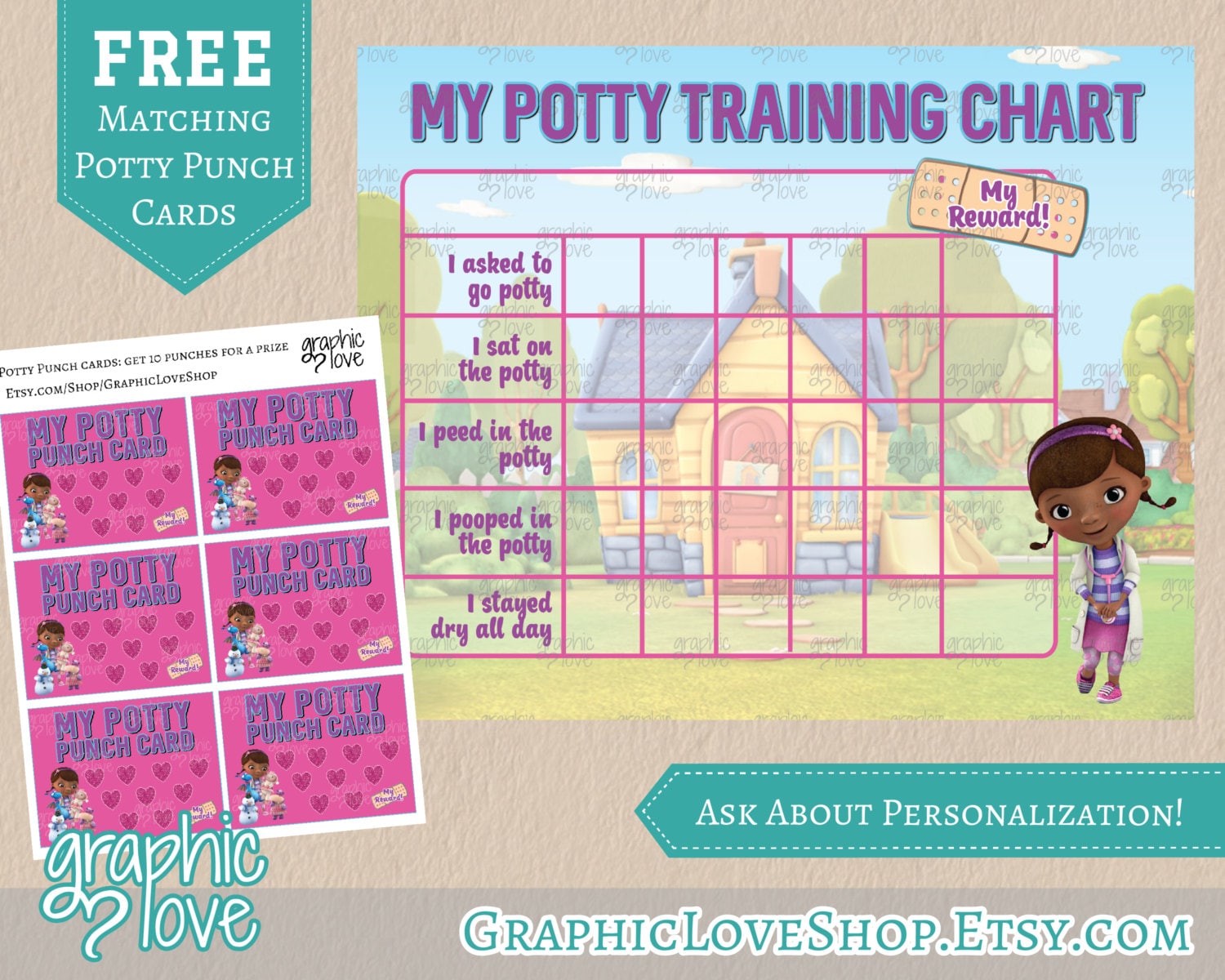 Doc McStuffins Potty Training Chart, FREE Punch Cards Pink, Purple 